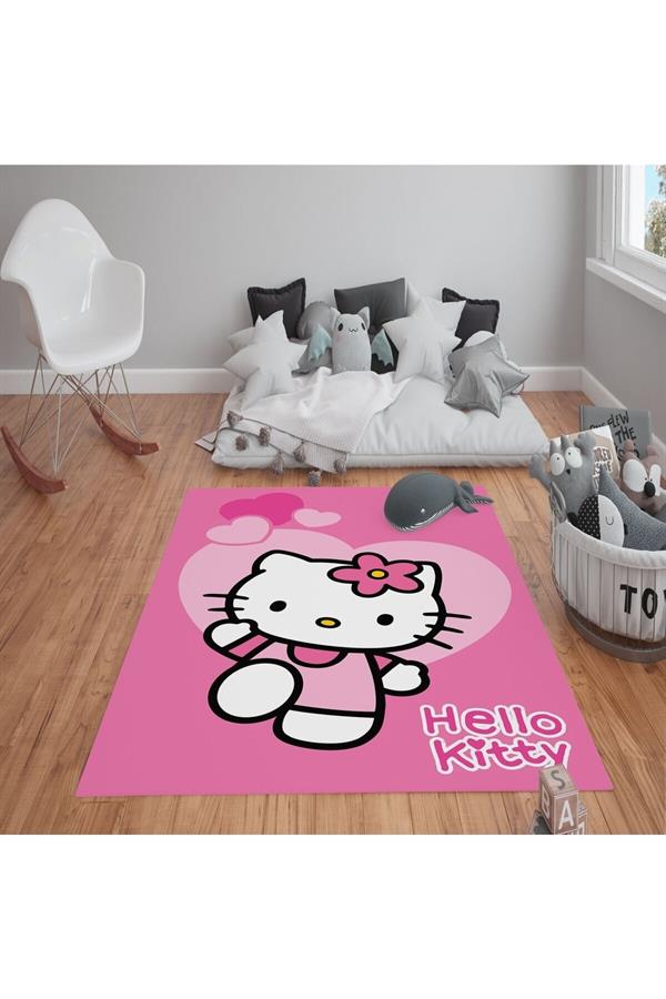 Kaymaz Tabanlı Yıkanabilir Hello Kitty Desenli Çocuk Halısı Dot Taban Halı