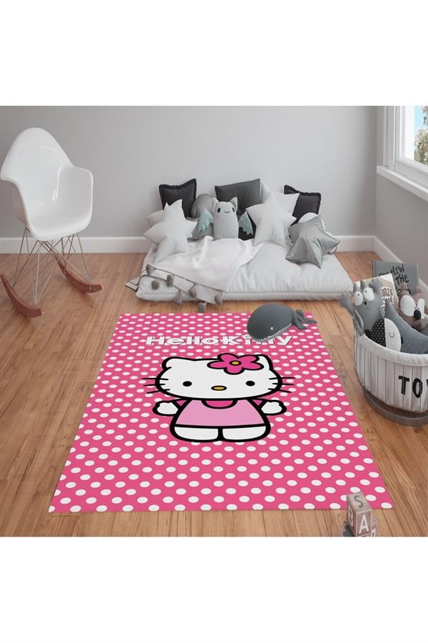 Kaymaz Tabanlı Yıkanabilir Hello Kity Desenli Çocuk Halısı Dot Taban Halı