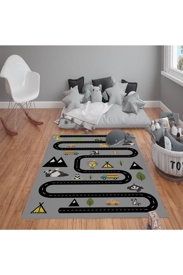 Kaymaz Tabanlı Yıkanabilir Jungle Yol Desenli Çocuk Halısı Dot Taban Halı