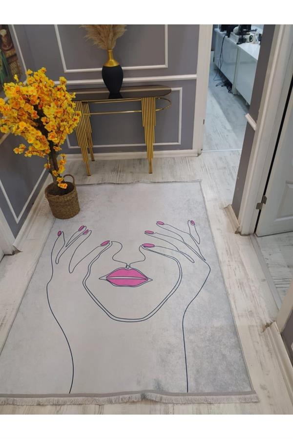 Kaymaz Tabanlı Yıkanabilir Kadın Silüet Desenli Dokuma Taban Halı