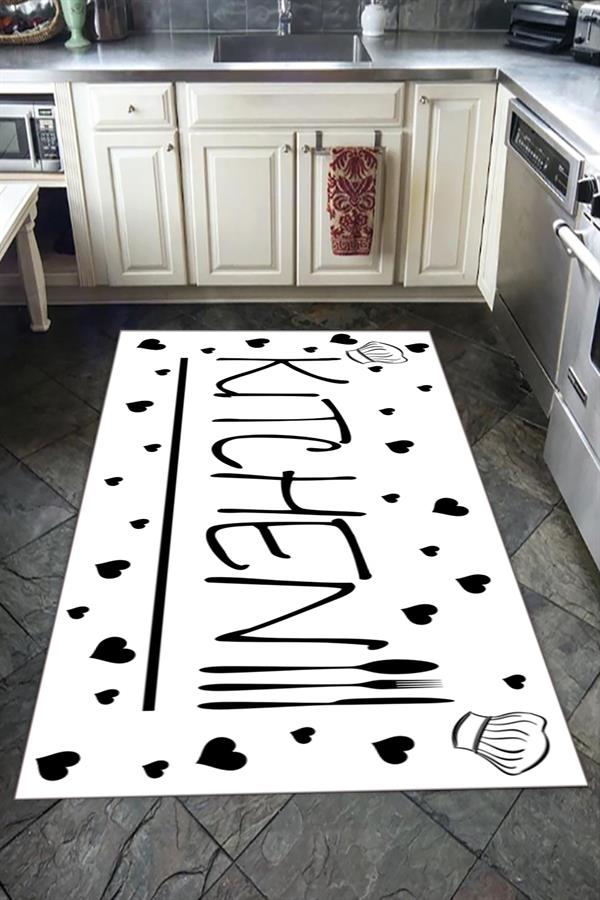 Kaymaz Tabanlı Yıkanabilir Kalpli Kitchen Desenli Dot Taban Halı