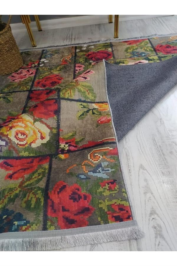 Kaymaz Tabanlı Yıkanabilir Karabağ Kilim Desenli Dokuma Taban Halı
