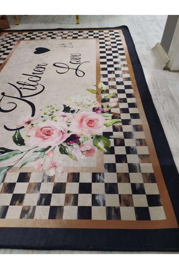 Kaymaz Tabanlı Yıkanabilir Kitchen Love Desenli Dokuma Taban Halı