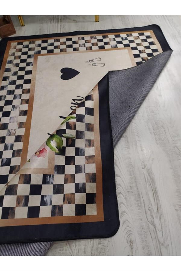 Kaymaz Tabanlı Yıkanabilir Kitchen Love Desenli Dokuma Taban Halı