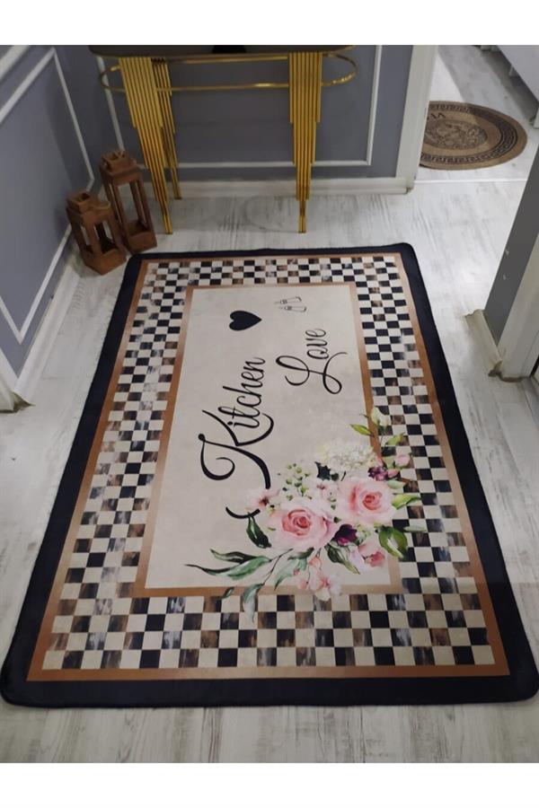 Kaymaz Tabanlı Yıkanabilir Kitchen Love Desenli Dokuma Taban Halı