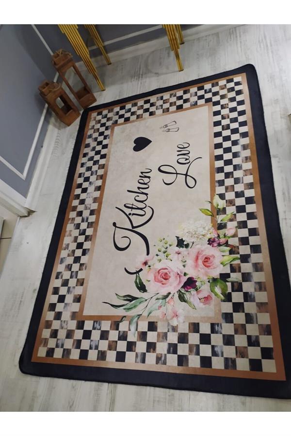 Kaymaz Tabanlı Yıkanabilir Kitchen Love Desenli Dokuma Taban Halı
