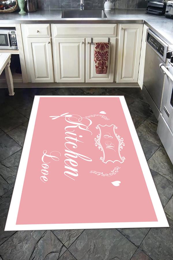 Kaymaz Tabanlı Yıkanabilir Kitchen Love Desenli Dot Taban Halı