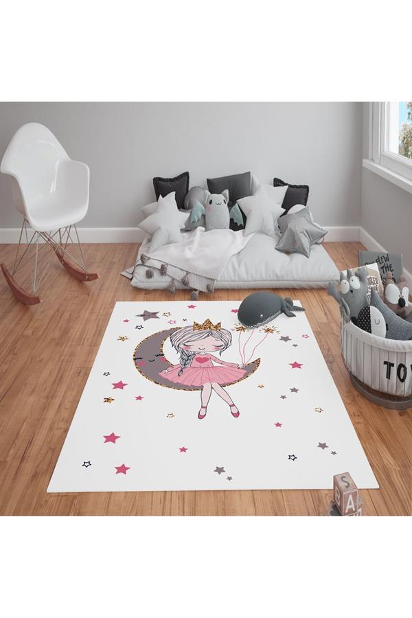 Kaymaz Tabanlı Yıkanabilir Kız Desenli Çocuk Halısı Dot Taban Halı