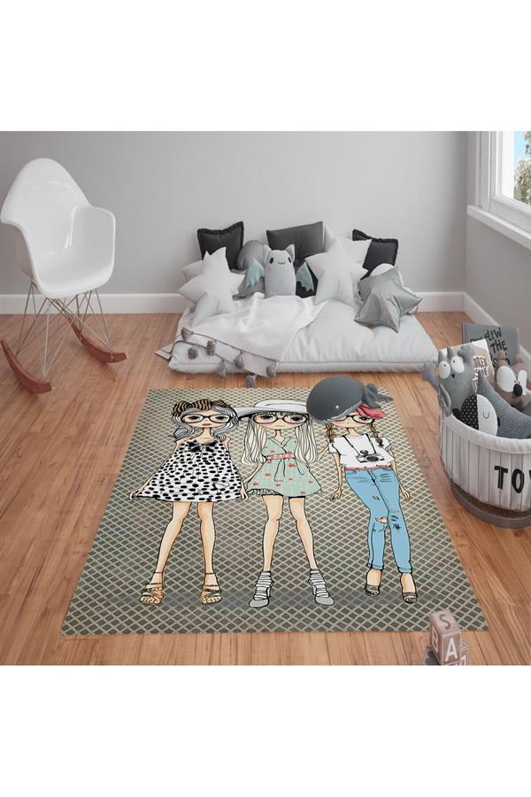 Kaymaz Tabanlı Yıkanabilir Kız Desenli Çocuk Halısı Dot Taban Halı