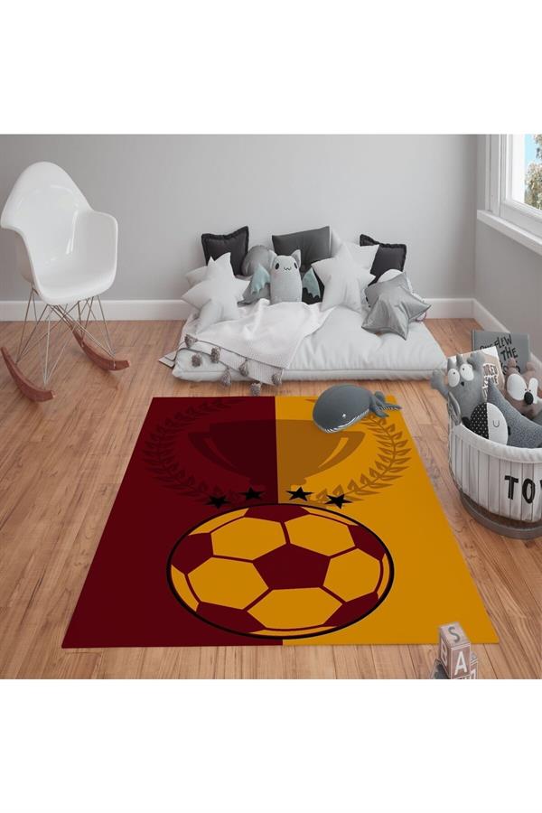 Kaymaz Tabanlı Yıkanabilir Kupa ve Futbol Topu Desenli Çocuk Halısı Dot Taban Halı