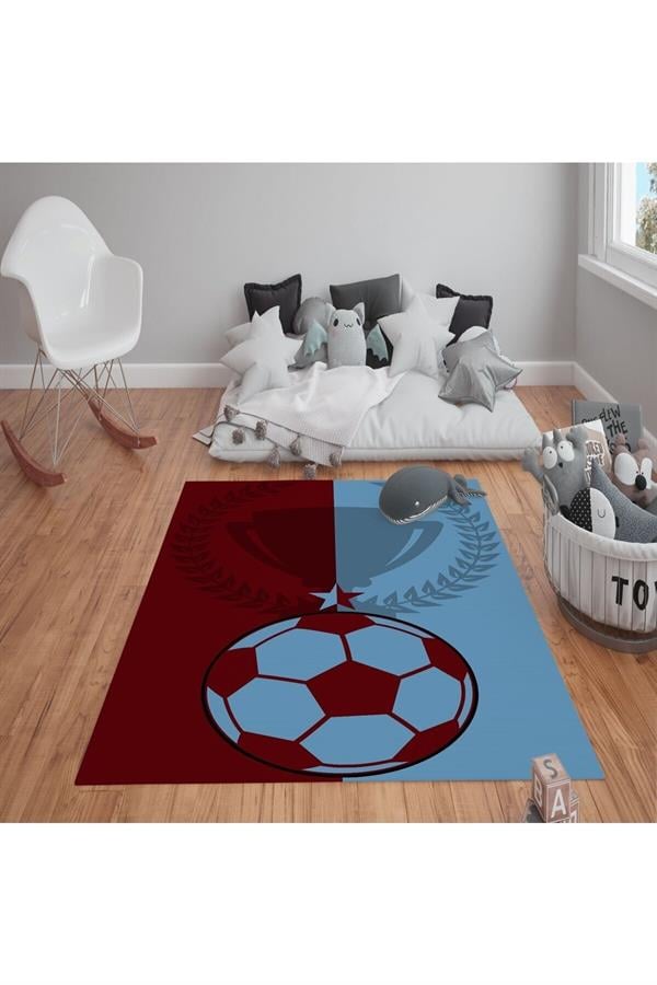 Kaymaz Tabanlı Yıkanabilir Kupa ve Futbol Topu Desenli Çocuk Halısı Dot Taban Halı