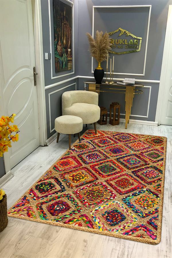 Kaymaz Tabanlı Yıkanabilir Leke Tutmaz Kilim Desenli Salon Halısı Dot Taban Halı KDH31
