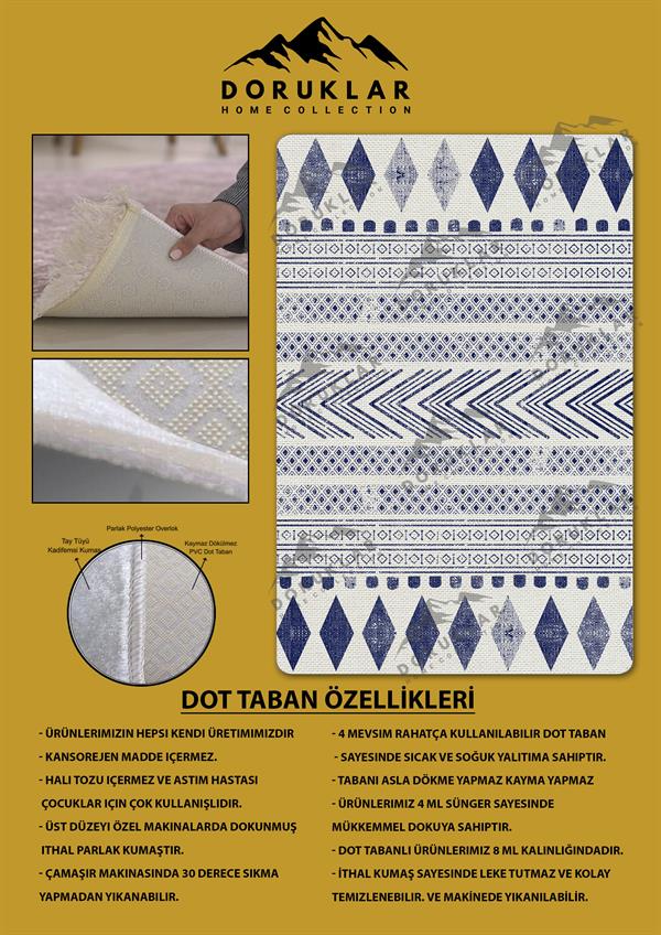 Kaymaz Tabanlı Yıkanabilir Leke Tutmaz Kilim Desenli Salon Halısı Dot Taban Halı KDH39