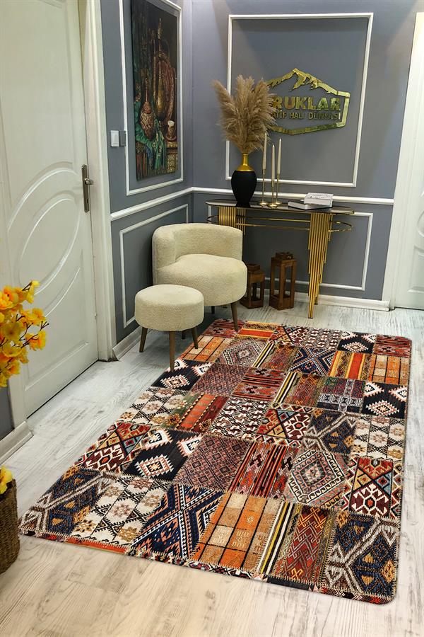 Kaymaz Tabanlı Yıkanabilir Leke Tutmaz Kilim Desenli Salon Halısı Dot Taban Halı KDH13