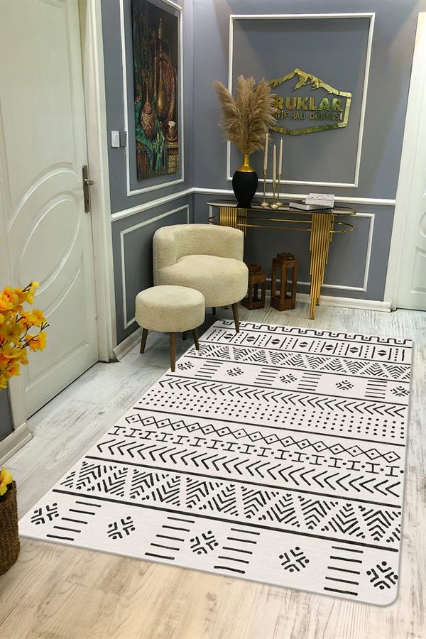 Kaymaz Tabanlı Yıkanabilir Leke Tutmaz Kilim Desenli Salon Halısı Dot Taban Halı KDH26
