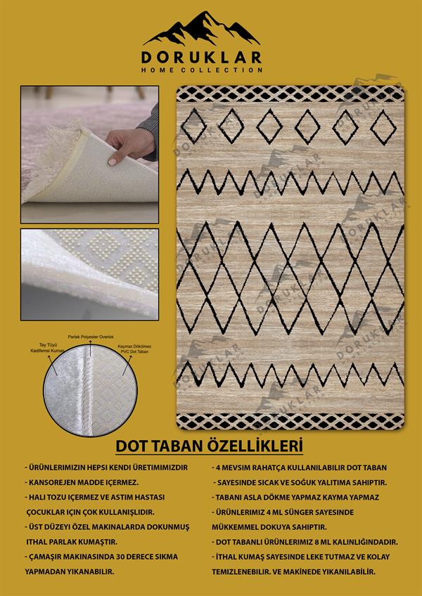 Kaymaz Tabanlı Yıkanabilir Leke Tutmaz Kilim Desenli Salon Halısı Dot Taban Halı KDH25