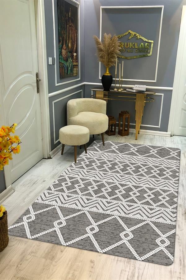 Kaymaz Tabanlı Yıkanabilir Leke Tutmaz Kilim Desenli Salon Halısı Dot Taban Halı KDH33