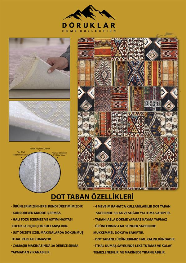 Kaymaz Tabanlı Yıkanabilir Leke Tutmaz Kilim Desenli Salon Halısı Dot Taban Halı KDH13