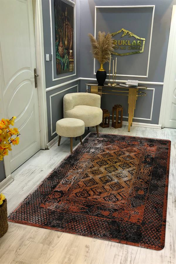 Kaymaz Tabanlı Yıkanabilir Leke Tutmaz Kilim Desenli Salon Halısı Dot Taban Halı KDH16