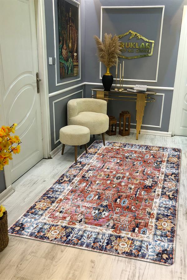 Kaymaz Tabanlı Yıkanabilir Leke Tutmaz Kilim Desenli Salon Halısı Dot Taban Halı KDH14