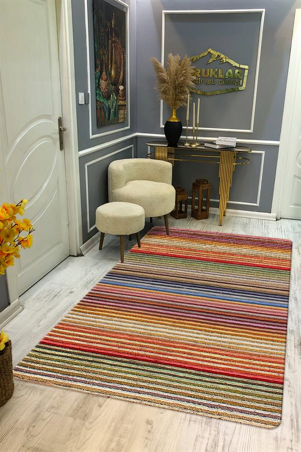 Kaymaz Tabanlı Yıkanabilir Leke Tutmaz Kilim Desenli Salon Halısı Dot Taban Halı KDH21