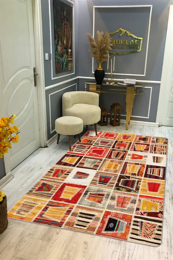 Kaymaz Tabanlı Yıkanabilir Leke Tutmaz Kilim Desenli Salon Halısı Dot Taban Halı KDH38