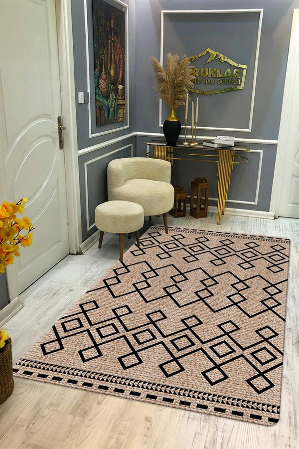 Kaymaz Tabanlı Yıkanabilir Leke Tutmaz Kilim Desenli Salon Halısı Dot Taban Halı KDH36