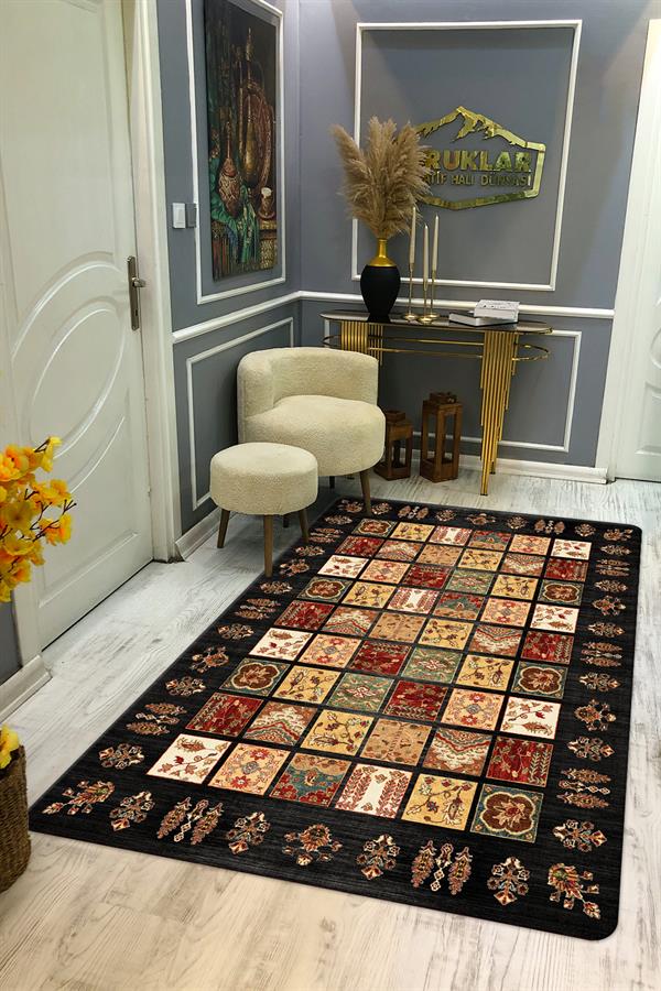 Kaymaz Tabanlı Yıkanabilir Leke Tutmaz Kilim Desenli Salon Halısı Dot Taban Halı KDH24
