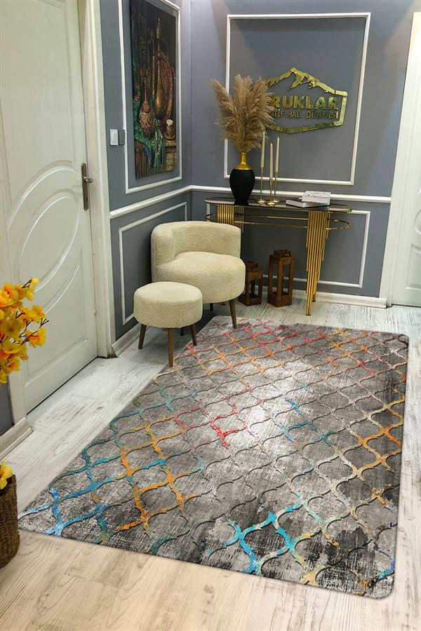 Kaymaz Tabanlı Yıkanabilir Leke Tutmaz Kilim Desenli Salon Halısı Dot Taban Halı KDH40