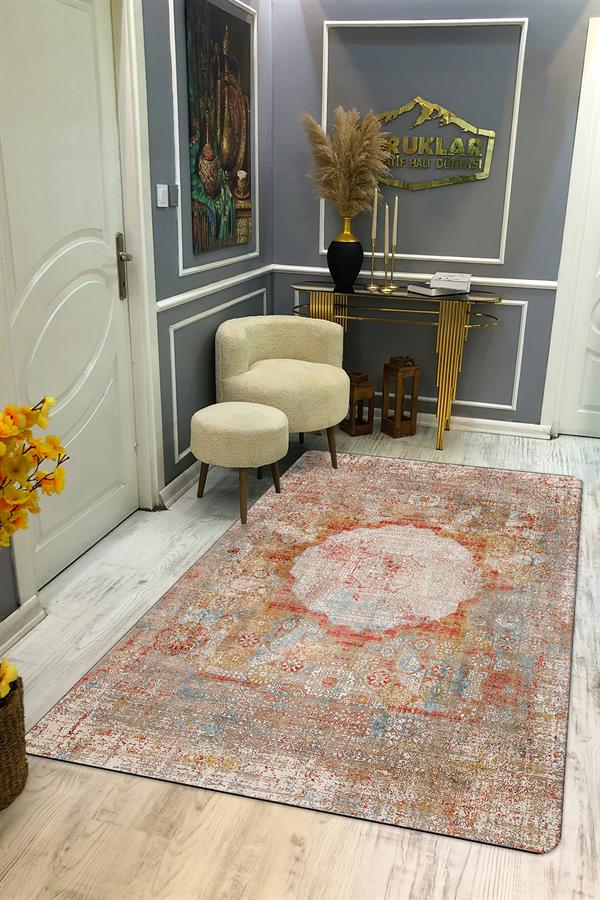 Kaymaz Tabanlı Yıkanabilir Leke Tutmaz Modern Klasik Desenli Salon Halısı Dot Taban Halı KLDH23