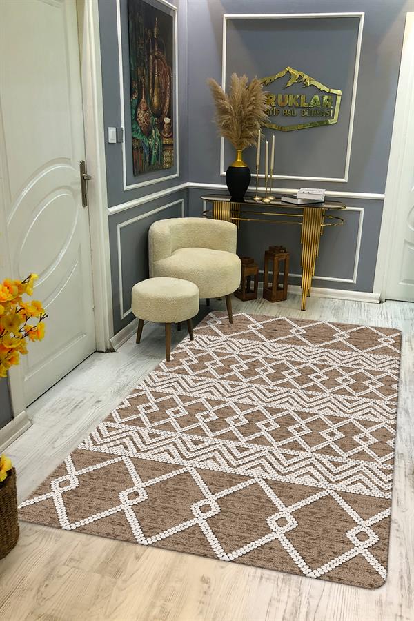 Kaymaz Tabanlı Yıkanabilir Leke Tutmaz Kilim Desenli Salon Halısı Dot Taban Halı KDH34