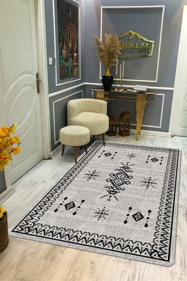 Kaymaz Tabanlı Yıkanabilir Leke Tutmaz Kilim Desenli Salon Halısı Dot Taban Halı KDH28