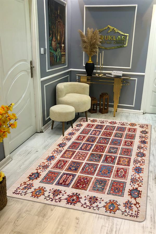 Kaymaz Tabanlı Yıkanabilir Leke Tutmaz Kilim Desenli Salon Halısı Dot Taban Halı KDH20