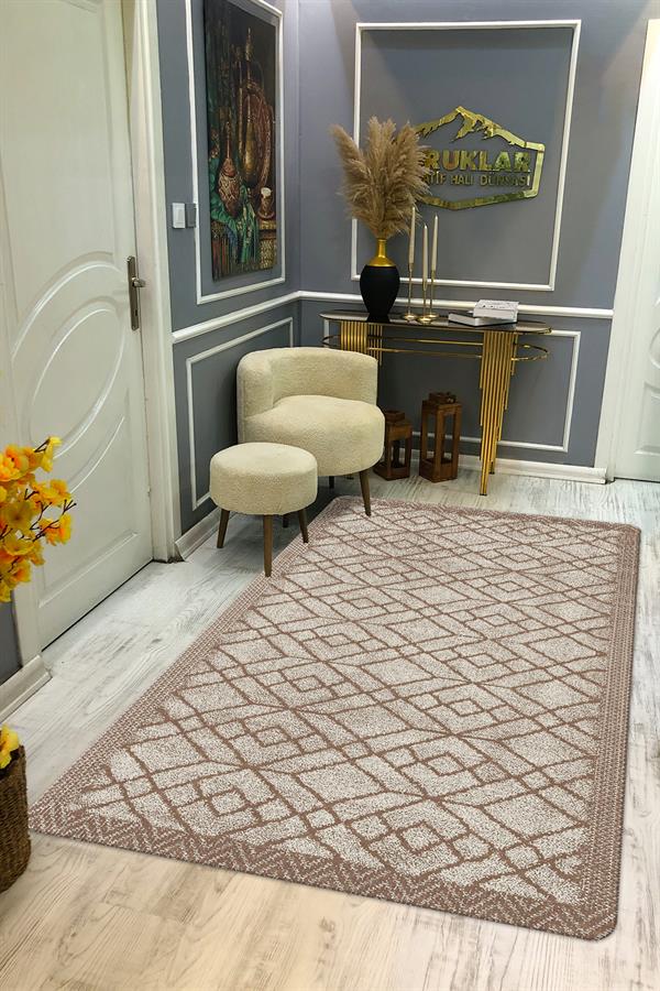 Kaymaz Tabanlı Yıkanabilir Leke Tutmaz Kilim Desenli Salon Halısı Dot Taban Halı KDH35