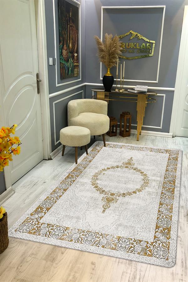 Kaymaz Tabanlı Yıkanabilir Leke Tutmaz Modern Klasik Desenli Salon Halısı Dot Taban Halı KLDH28