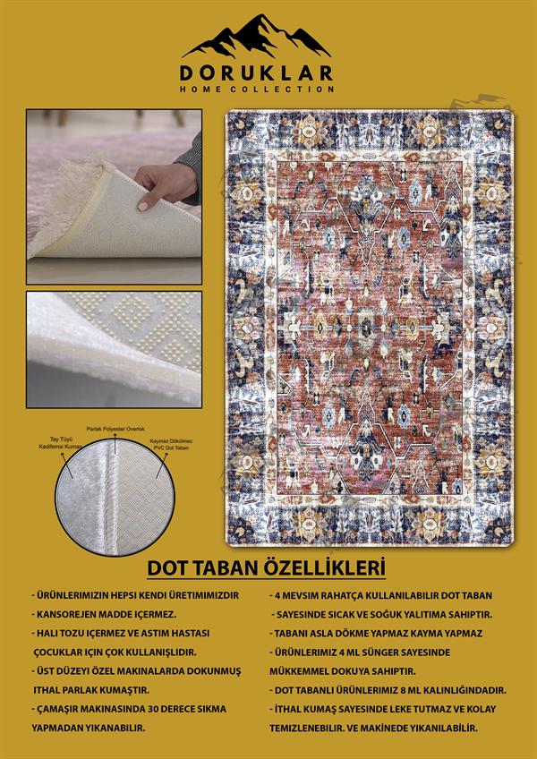 Kaymaz Tabanlı Yıkanabilir Leke Tutmaz Kilim Desenli Salon Halısı Dot Taban Halı KDH14