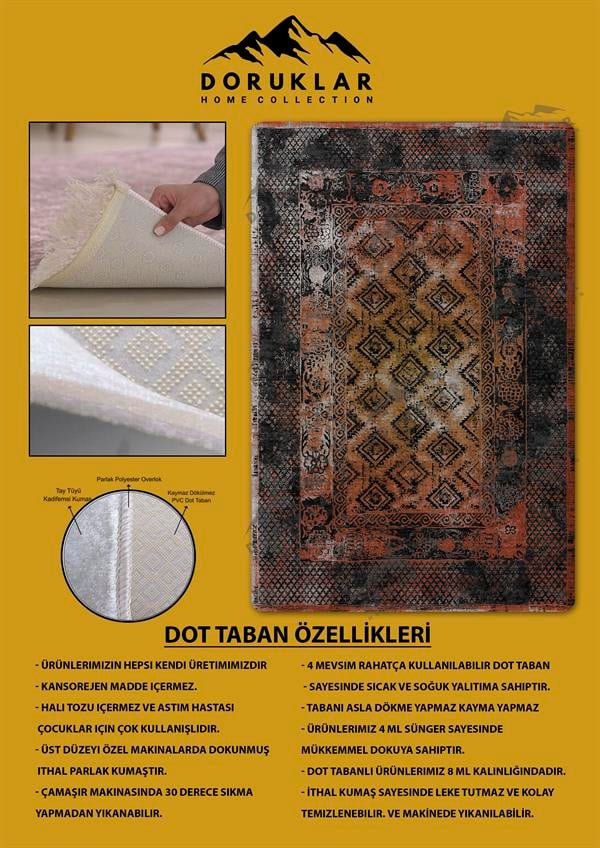 Kaymaz Tabanlı Yıkanabilir Leke Tutmaz Kilim Desenli Salon Halısı Dot Taban Halı KDH16