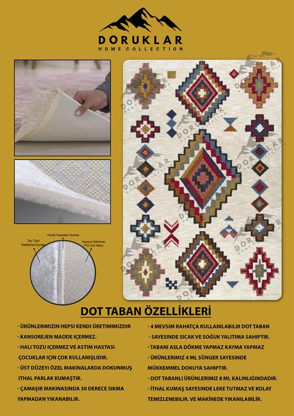 Kaymaz Tabanlı Yıkanabilir Leke Tutmaz Kilim Desenli Salon Halısı Dot Taban Halı KDH29