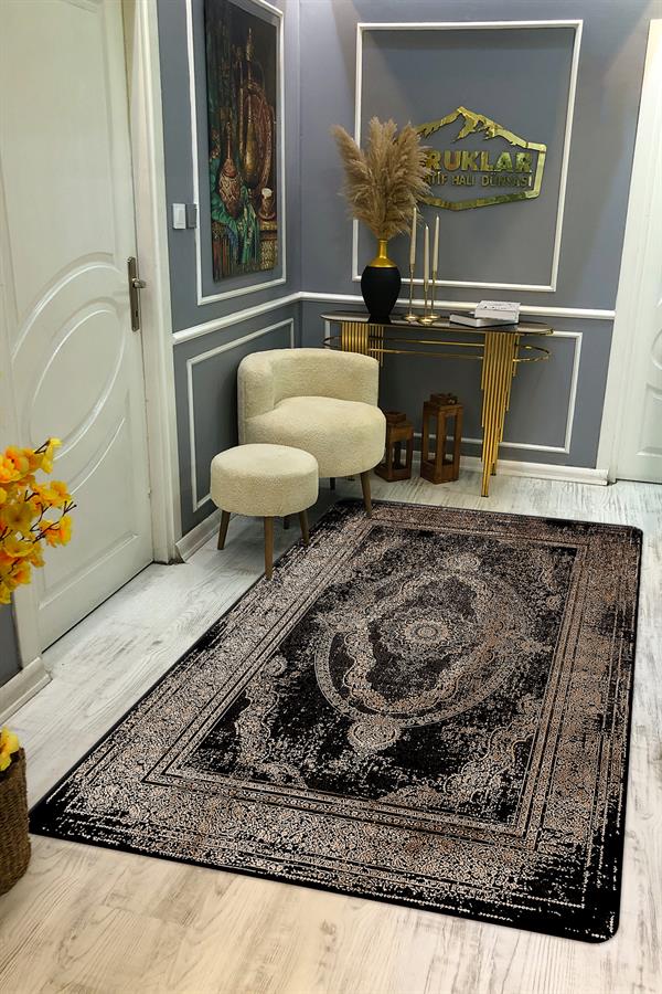 Kaymaz Tabanlı Yıkanabilir Leke Tutmaz Modern Klasik Desenli Salon Halısı Dot Taban Halı KLDH16