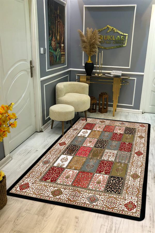 Kaymaz Tabanlı Yıkanabilir Leke Tutmaz Kilim Desenli Salon Halısı Dot Taban Halı KDH18