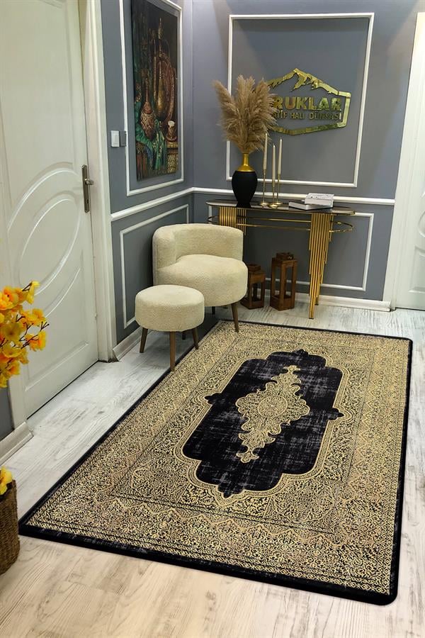 Kaymaz Tabanlı Yıkanabilir Leke Tutmaz Modern Klasik Desenli Salon Halısı Dot Taban Halı KLDH17