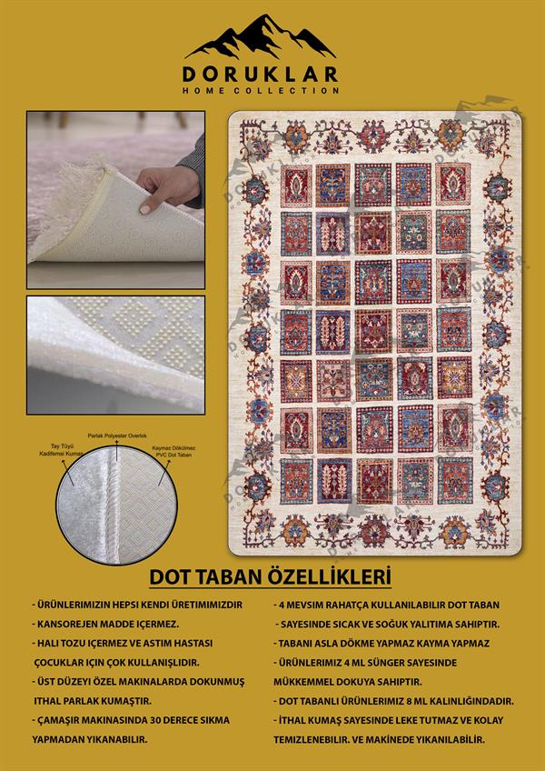 Kaymaz Tabanlı Yıkanabilir Leke Tutmaz Kilim Desenli Salon Halısı Dot Taban Halı KDH20