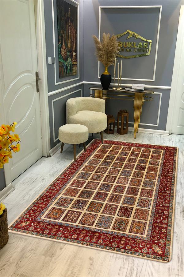 Kaymaz Tabanlı Yıkanabilir Leke Tutmaz Kilim Desenli Salon Halısı Dot Taban Halı KDH19