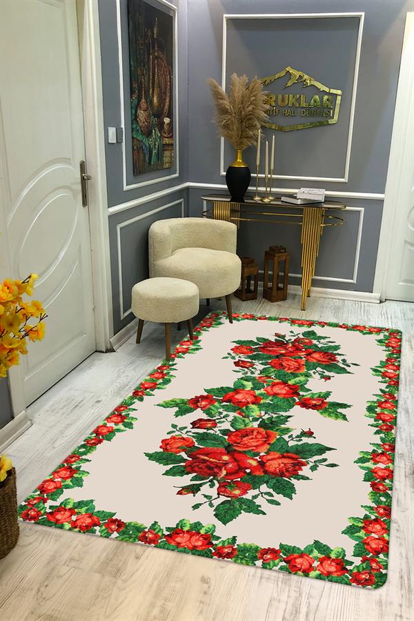 Kaymaz Tabanlı Yıkanabilir Leke Tutmaz Kilim Desenli Salon Halısı Dot Taban Halı KDH41