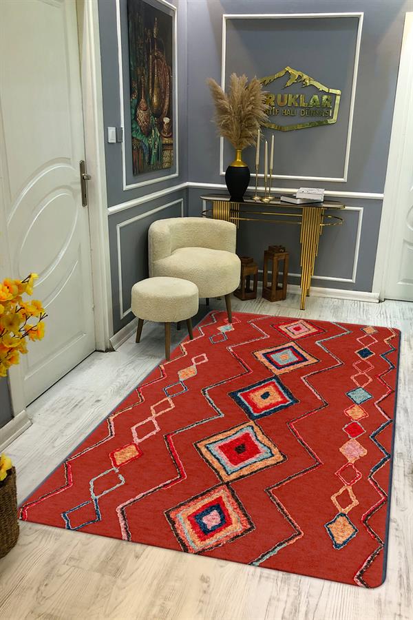 Kaymaz Tabanlı Yıkanabilir Leke Tutmaz Kilim Desenli Salon Halısı Dot Taban Halı KDH32
