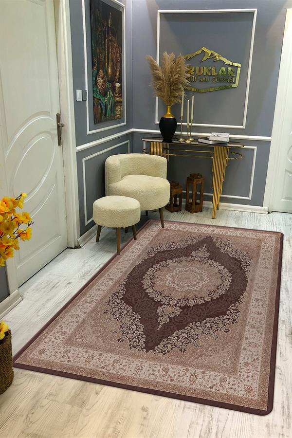 Kaymaz Tabanlı Yıkanabilir Leke Tutmaz Modern Klasik Desenli Salon Halısı Dot Taban Halı KLDH26