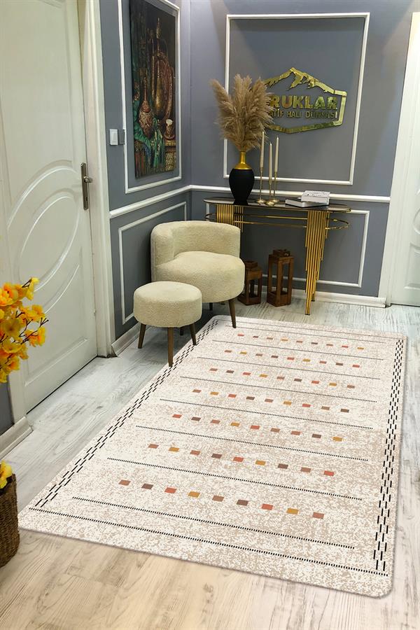 Kaymaz Tabanlı Yıkanabilir Leke Tutmaz Kilim Desenli Salon Halısı Dot Taban Halı KDH17