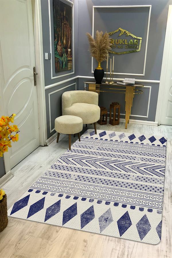 Kaymaz Tabanlı Yıkanabilir Leke Tutmaz Kilim Desenli Salon Halısı Dot Taban Halı KDH39