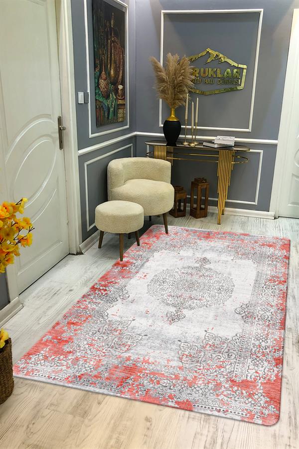 Kaymaz Tabanlı Yıkanabilir Leke Tutmaz Modern Klasik Desenli Salon Halısı Dot Taban Halı KLDH22