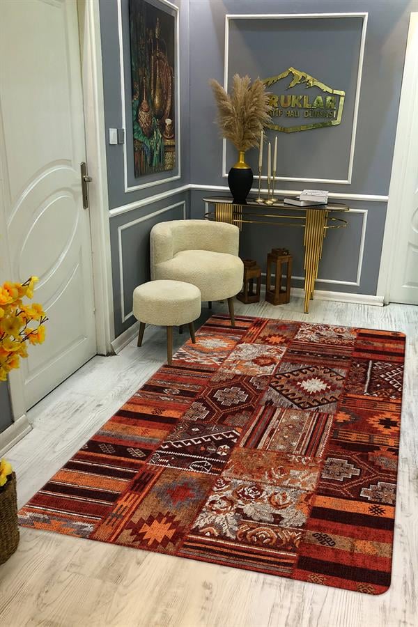 Kaymaz Tabanlı Yıkanabilir Leke Tutmaz Kilim Desenli Salon Halısı Dot Taban Halı KDH22